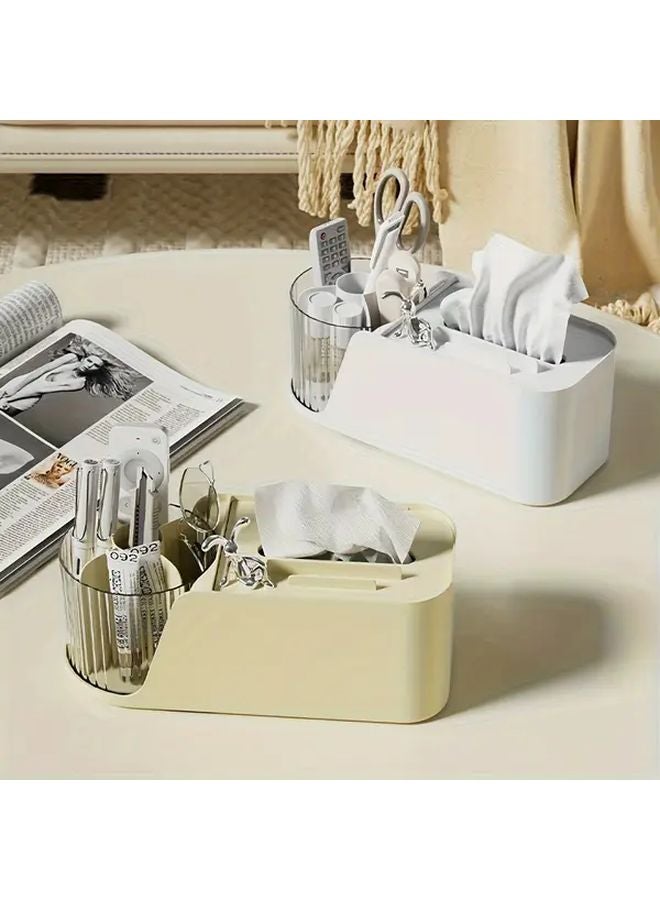 Beige Rotating Desktop Tissue Box With Phone Pen Storage Space Saving Office Home Accessory - Image 4